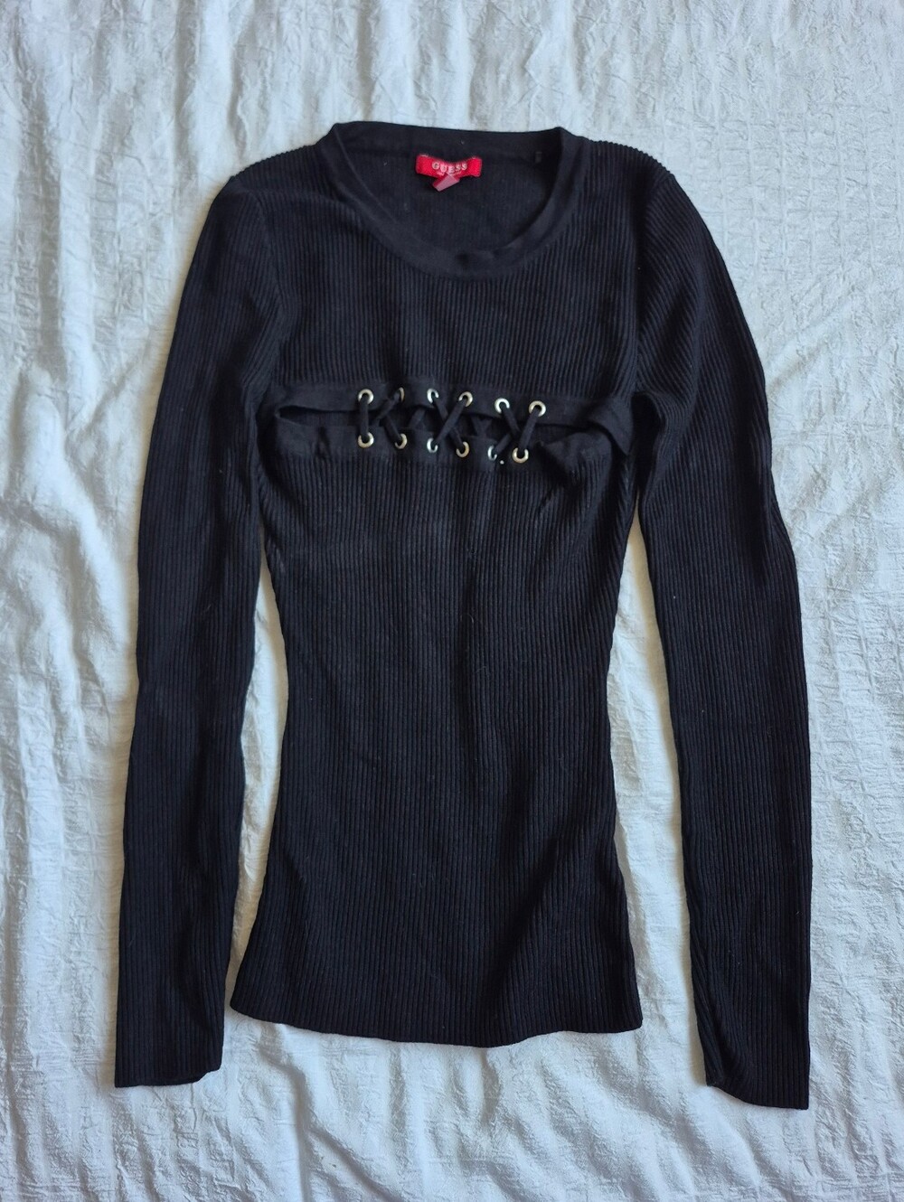 Guess Black Ribbed Lace Up Sweater